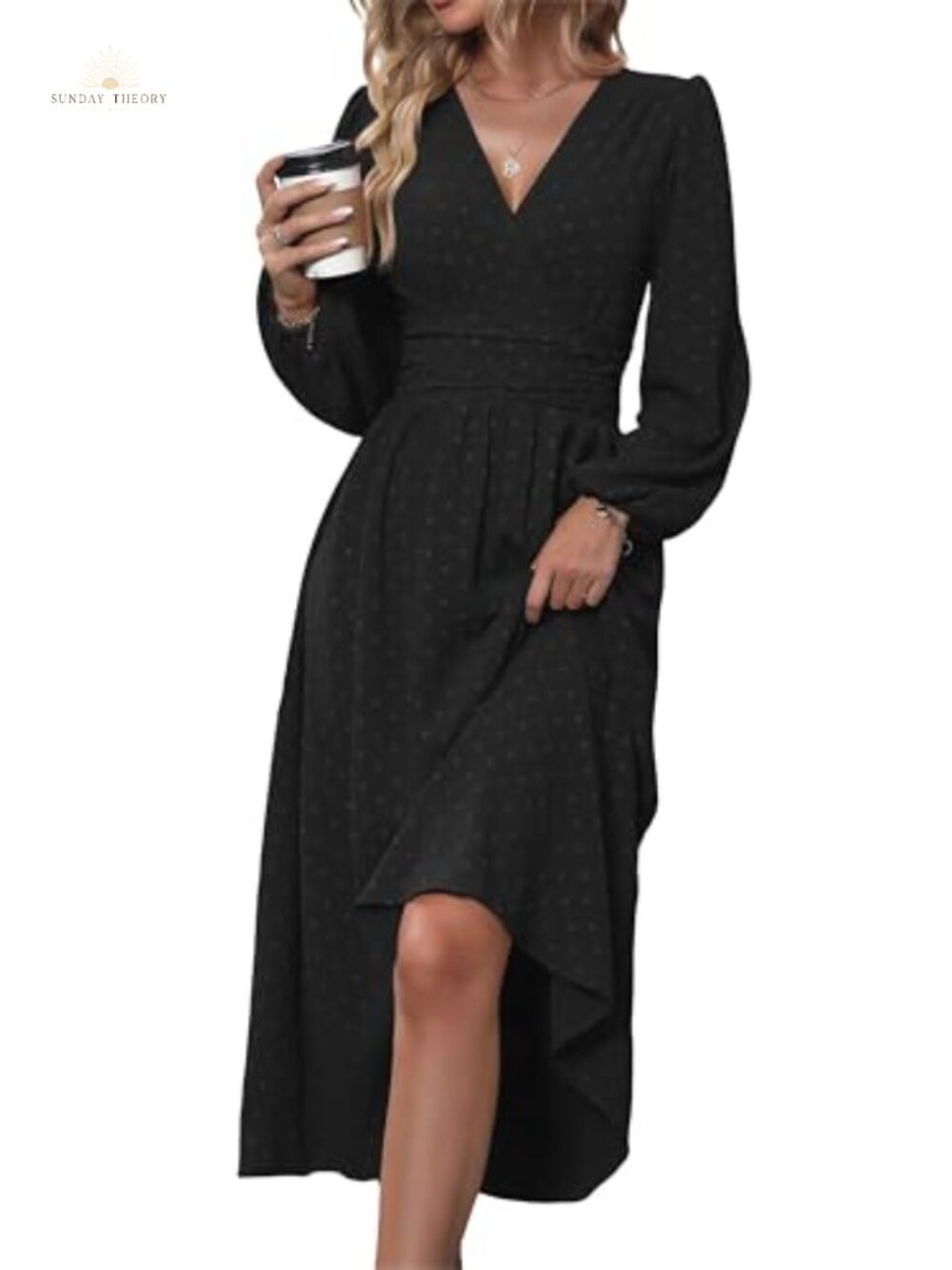 Swiss Dot V-Neck Midi Dress Puff Lantern Sleeve A-Line Wedding Guest